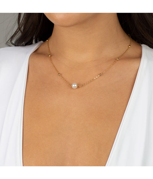 Gold Filled Pearl Ball Chain Necklace Pearl White
