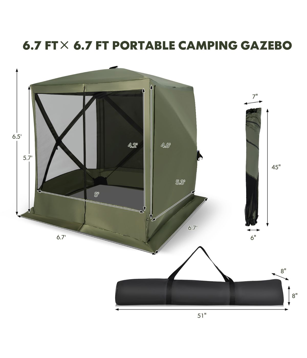 6.7 FT x 6.7 FT 4-Panel Pop Up Camping Gazebo Quick-Set With 2 Sunshade Cloths Green