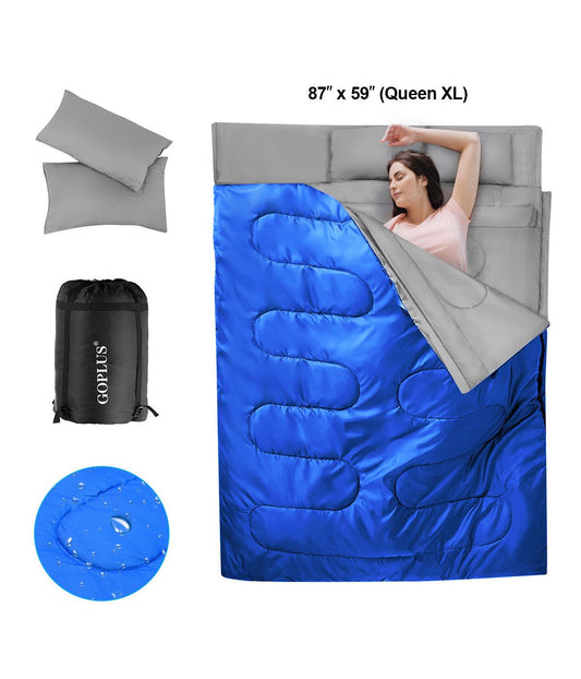 Double Sleeping Bag With 2 Pillows For Camping - Queen Size XL (2 Person) Blue