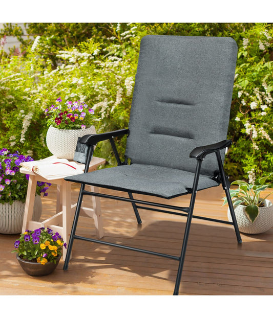 Patio Folding Portable Padded Chair With High Backrest & Cup Holder Gray