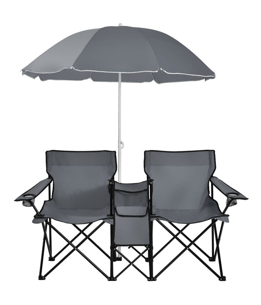 Portable Folding Picnic Double Chair W & Umbrella Table Cooler Beach Camping Gray