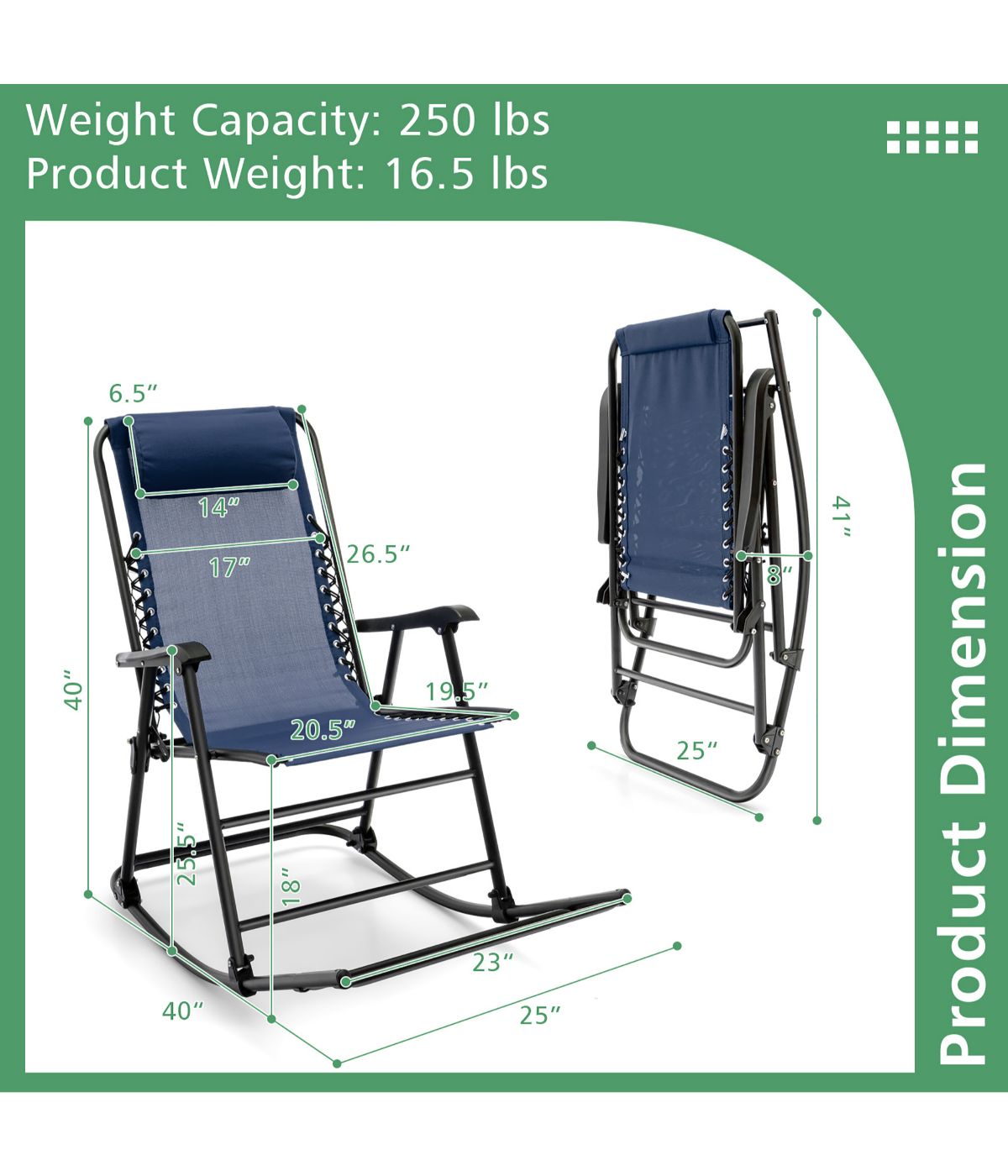 Patio Folding Camping Rocking Chair For Footrest Outdoor Navy