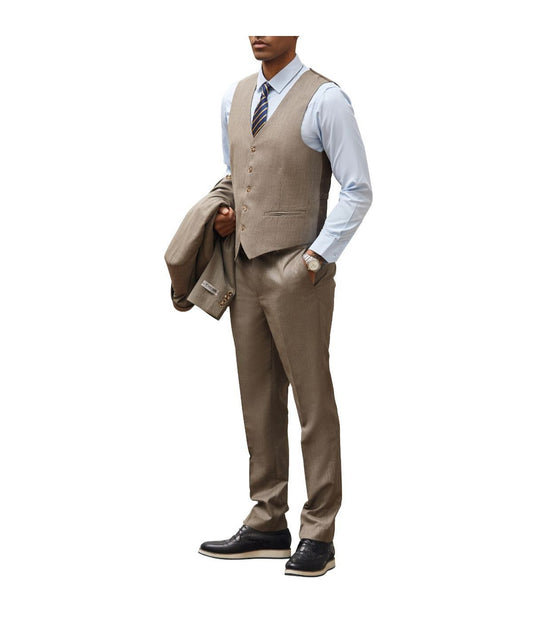 Mens Three Piece Solid Texture Notch Lapel Suit With Matching Vest 1 Tan