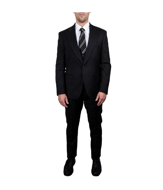 Mens Three Piece Solid Peak Lapel Suit With Matching Vest Black