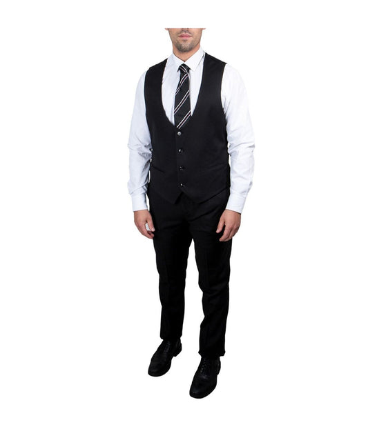 Mens Three Piece Solid Peak Lapel Suit With Matching Vest Black