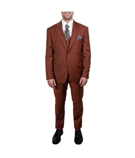 Mens Three Piece Solid Notch Lapel Suit With Matching Vest Light Brown