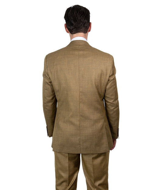 Mens Three Piece Sharkskin Notch Lapel Suit With Matching Vest Light Gold