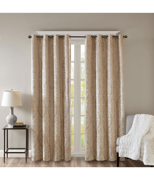 Azalea Knitted Jacquard Damask Total Blackout Grommet Top Curtain Panel Champagne