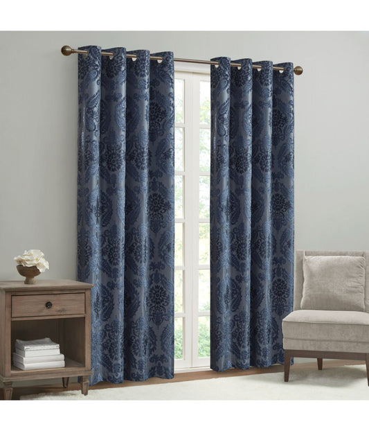 Enid Knitted Jacquard Paisley Total Blackout Grommet Top Curtain Panel Navy