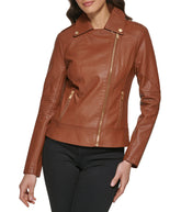 Faux Leather Asymmetrical Moto Jacket Cognac
