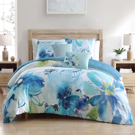 Watercolor Blue 100% Cotton 200 Thread Count 5-Piece Reversible Comforter Set Blue