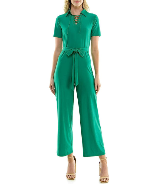 ITY Monaco Stretch Jumpsuit with Neck Tie Detail Shamrock Green