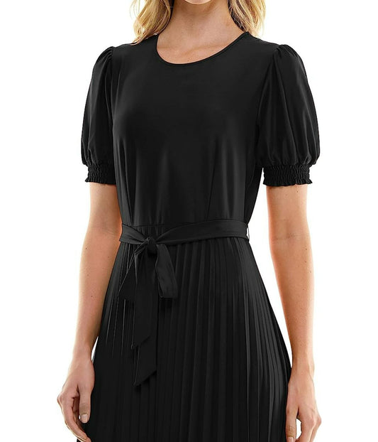 ITY Monaco Stretch Dress with Pleated Skirt and Blouson Sleeve Very Black