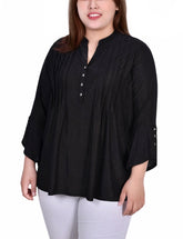 Plus Size 3/4 Sleeve Overlapped Bell Sleeve Y Neck Top