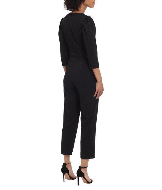 Deep V-Neck Jumpsuit With Puff Sleeves Black