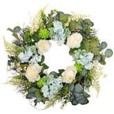 Hydrangea  Rose and Geranium Artificial Floral Spring Wreath  White and Blue - 24-Inch