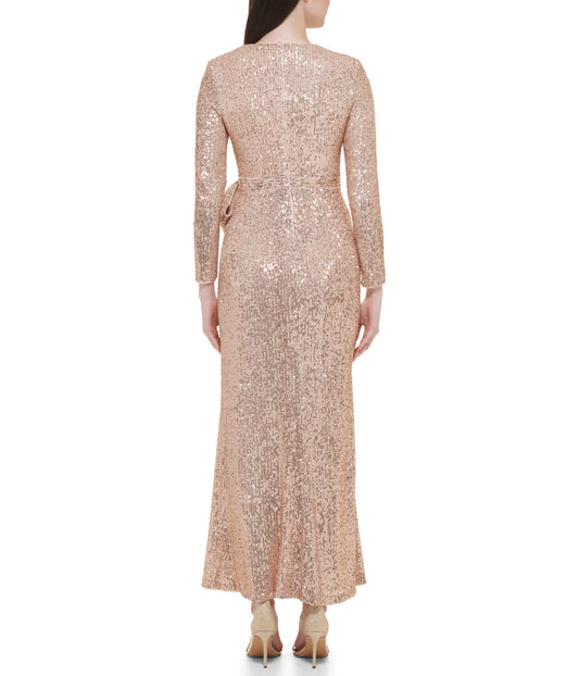 Long Sleeve Surplice Wrap Sequin Gown With Bow Champagne