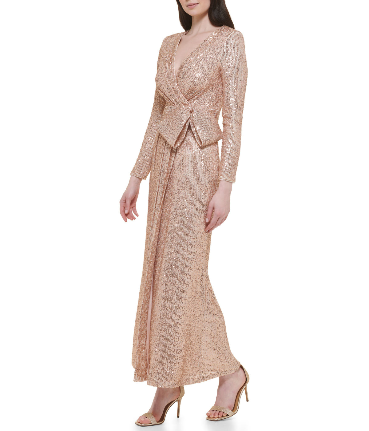 Long Sleeve Surplice Wrap Sequin Gown With Bow Champagne
