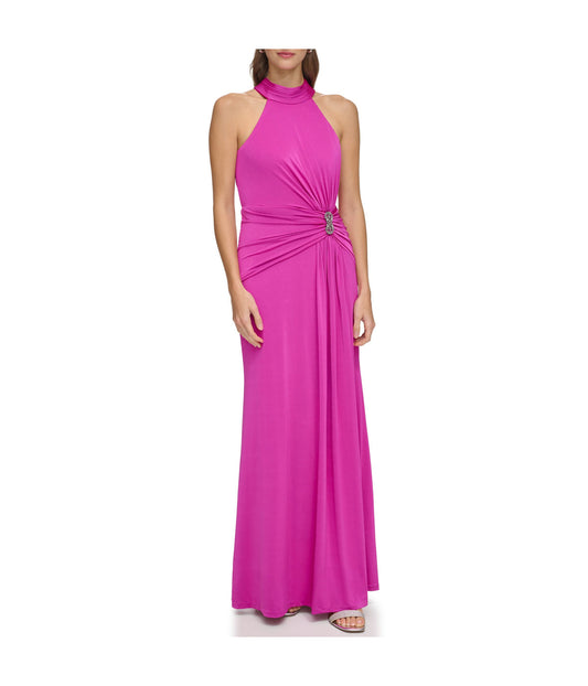 Sleeves High Neck Gown With Drape Front Berry
