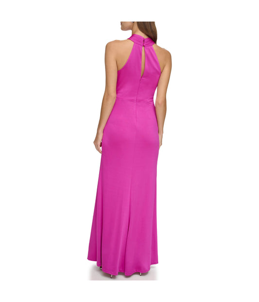 Sleeves High Neck Gown With Drape Front Berry