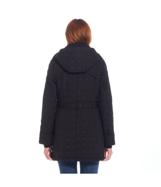 Hooded Quilted Walker with Printed Lining and Ribbed Knit Collar Black
