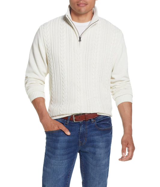 Cable Knit Quarter Zip Sweater Ecru