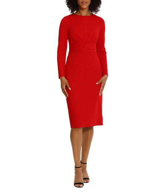 Long Sleeve Midi With Gathered Bodice Red