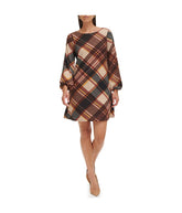 1Pc Puff Sleeve Trap Knit Melange Plaid Rust