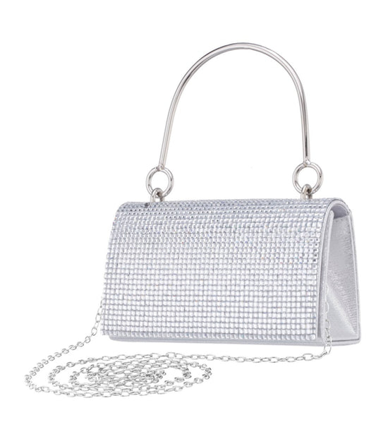Whinn Squares Crystal Flap Bag With Metal Handle Silver