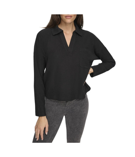 Andrew Marc Women's Brushed Rib Polo Top Black