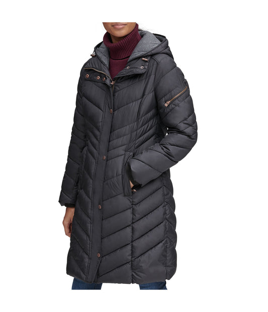 Odessa Faux Down Fill Jersey Trim Quilted Coat Black