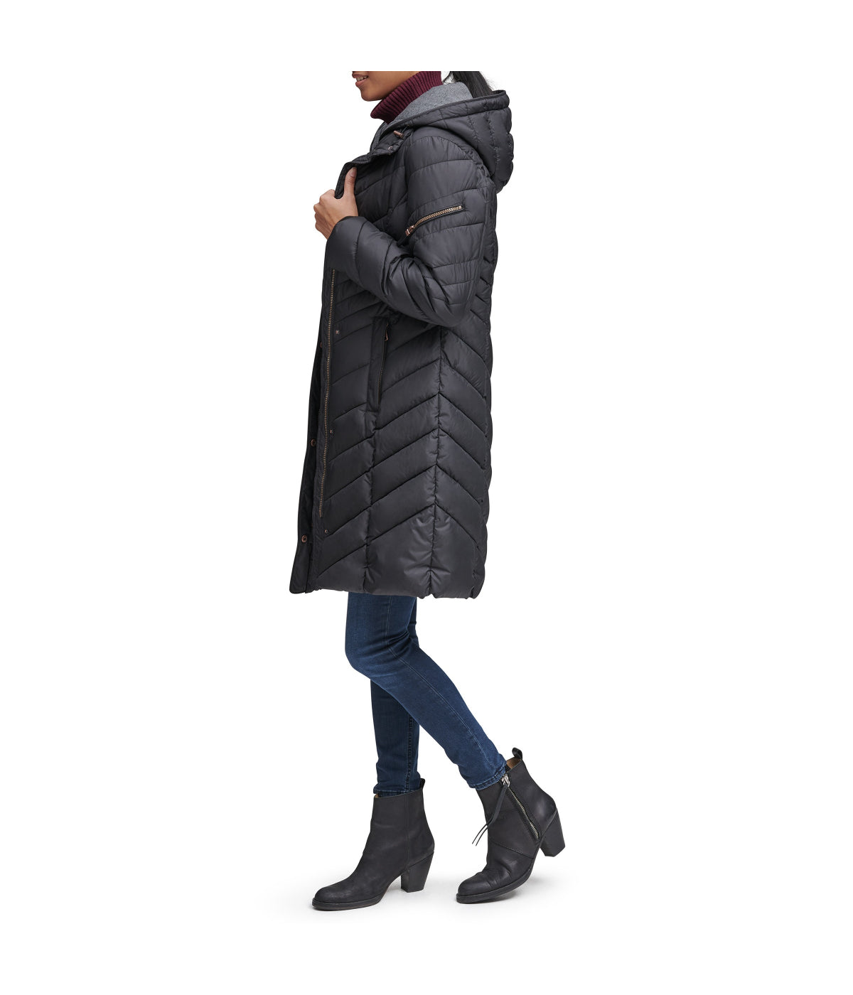 Odessa Faux Down Fill Jersey Trim Quilted Coat Black