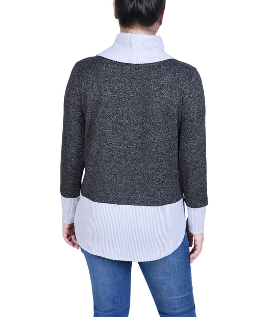 Petite Long Sleeve Cowl Neck Colorblocked Top