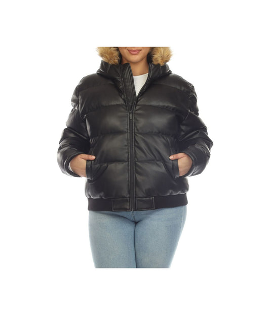 Plus Size Women's Removable Fur Hoodie Bomber Leather Jacket Black