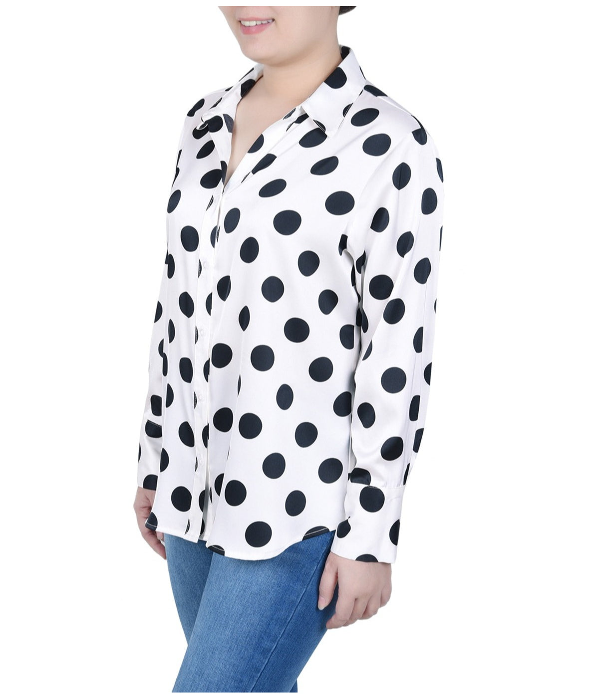 Petite Long Sleeve Dotted Satin Blouse