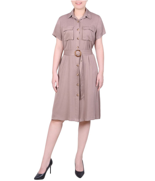 Petite Short Sleeve Safari Style Dress