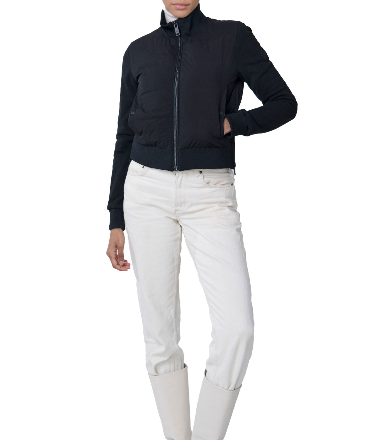 Nina 19.5" Recycled Poly And Perfomance Pique Zip Front Cropped Blouson Jacket Black