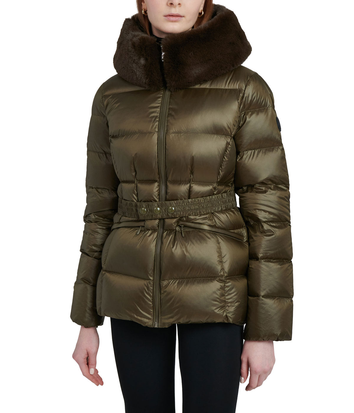 Lux 25" Shiny Nylon Zip Front Hooded Cropped Parka Olive