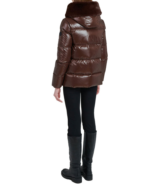 Lexi 44.5" Recycled Shiny Nylon Zip Front Maxi Coat With Recycled Faux Fur Trim Hood Dark Coffee