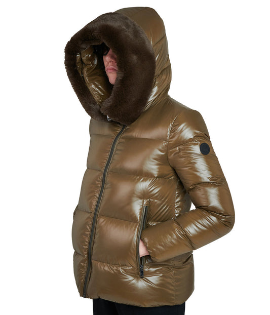 Lexi 44.5" Recycled Shiny Nylon Zip Front Maxi Coat With Recycled Faux Fur Trim Hood Olive
