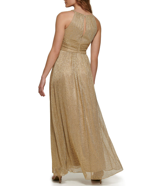 Shirred Halter Gown With Waistband Gold