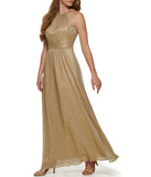 Shirred Halter Gown With Waistband Gold