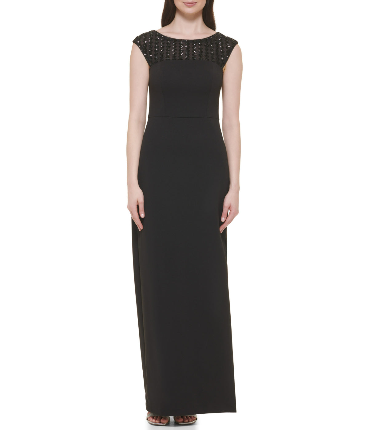 Vince Camuto Cap Sleeve Boat Shape Illusion Neck Gown W/ Side Slit Black Gold - Black Gold Bonton Vince Camuto Cap Sleeve Boat Shape Illusion Neck Gown W/ Side Slit Black Gold - Black Gold Bonton