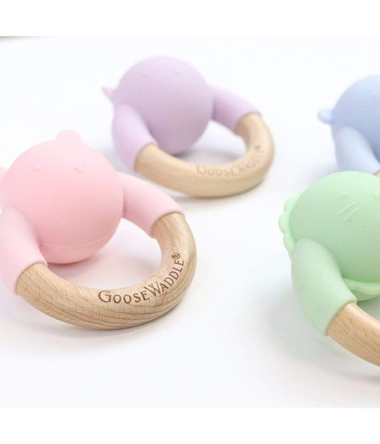 Wooden & Silicone Rattle Teether Bear Blue