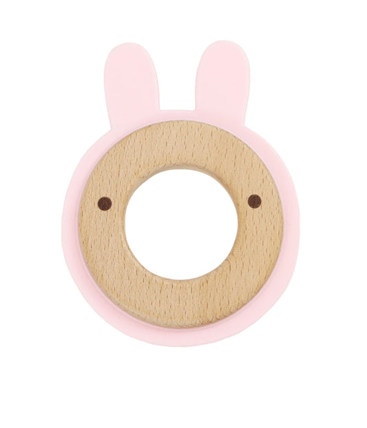 Pink Bunny Silcone + Wood Teether Pink