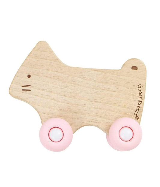 Pink Kitten Silicone + Wood Teether with Wheels Pink