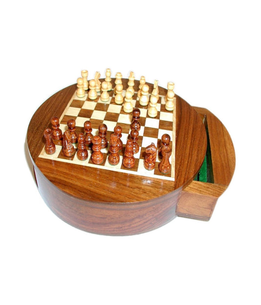 6" Magnetic Round Wood Inlaid Chess Set with Slide Drawer Multi