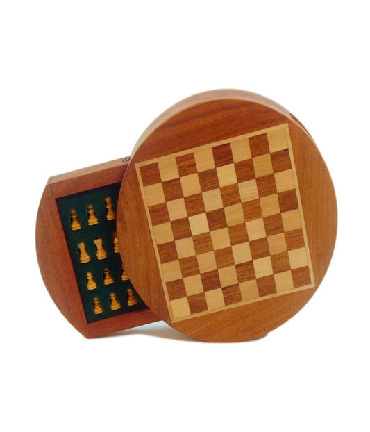 6" Magnetic Round Wood Inlaid Chess Set with Slide Drawer Multi