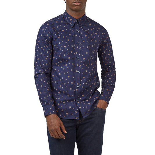 Scattered Floral Print Twill Buttondown Shirt with Long Sleeves