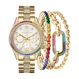Rainbow Crystal Bezel Analog Watch-Matching Bracelet Set